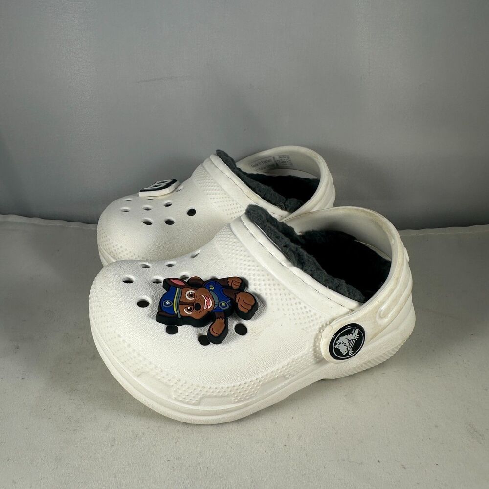Crocs Toodler Size US 5C Classic Lined Faux Fur Clog White Grey 207009 Charms